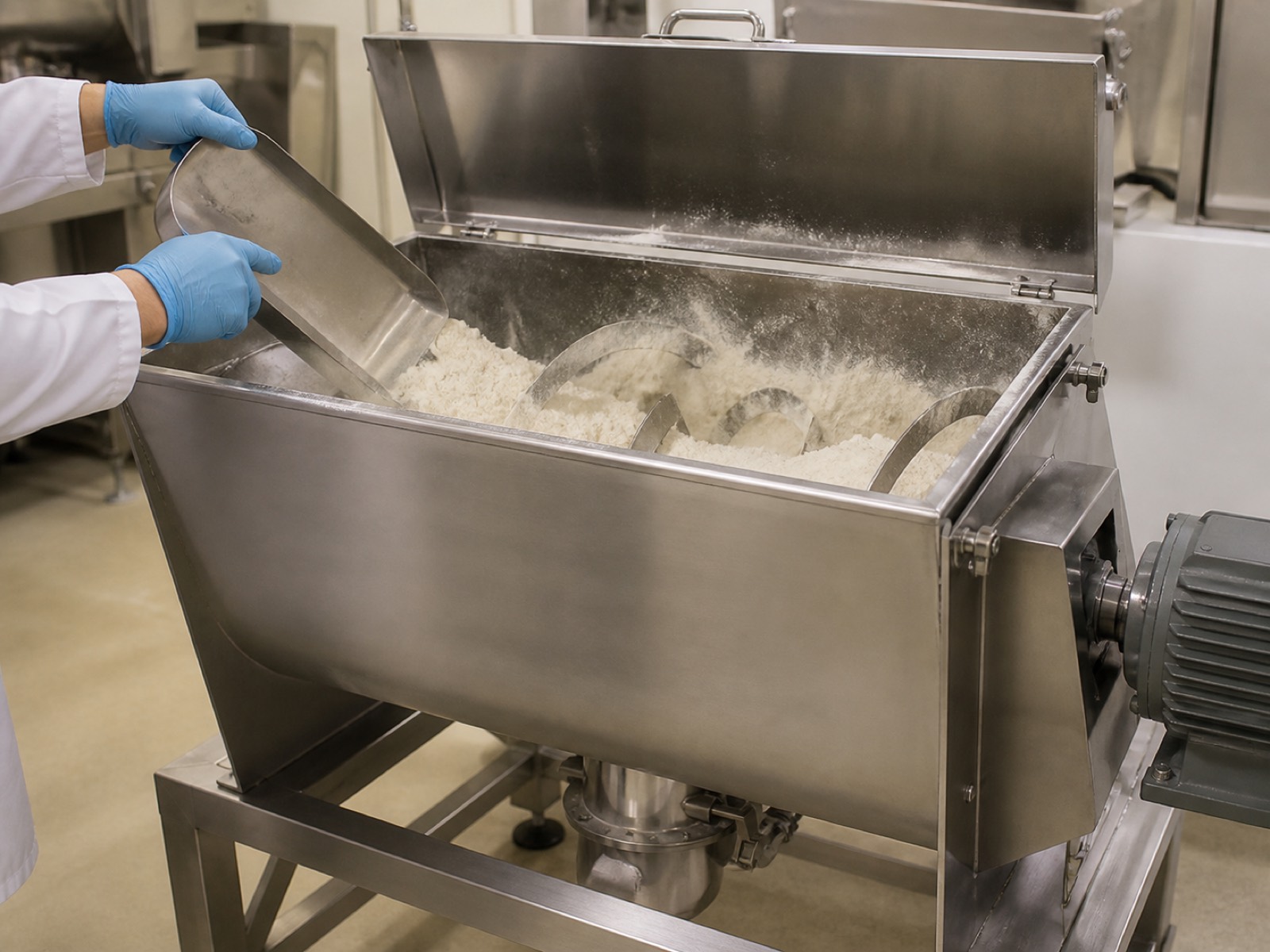 Powder being blended in a stainless ribbon blender