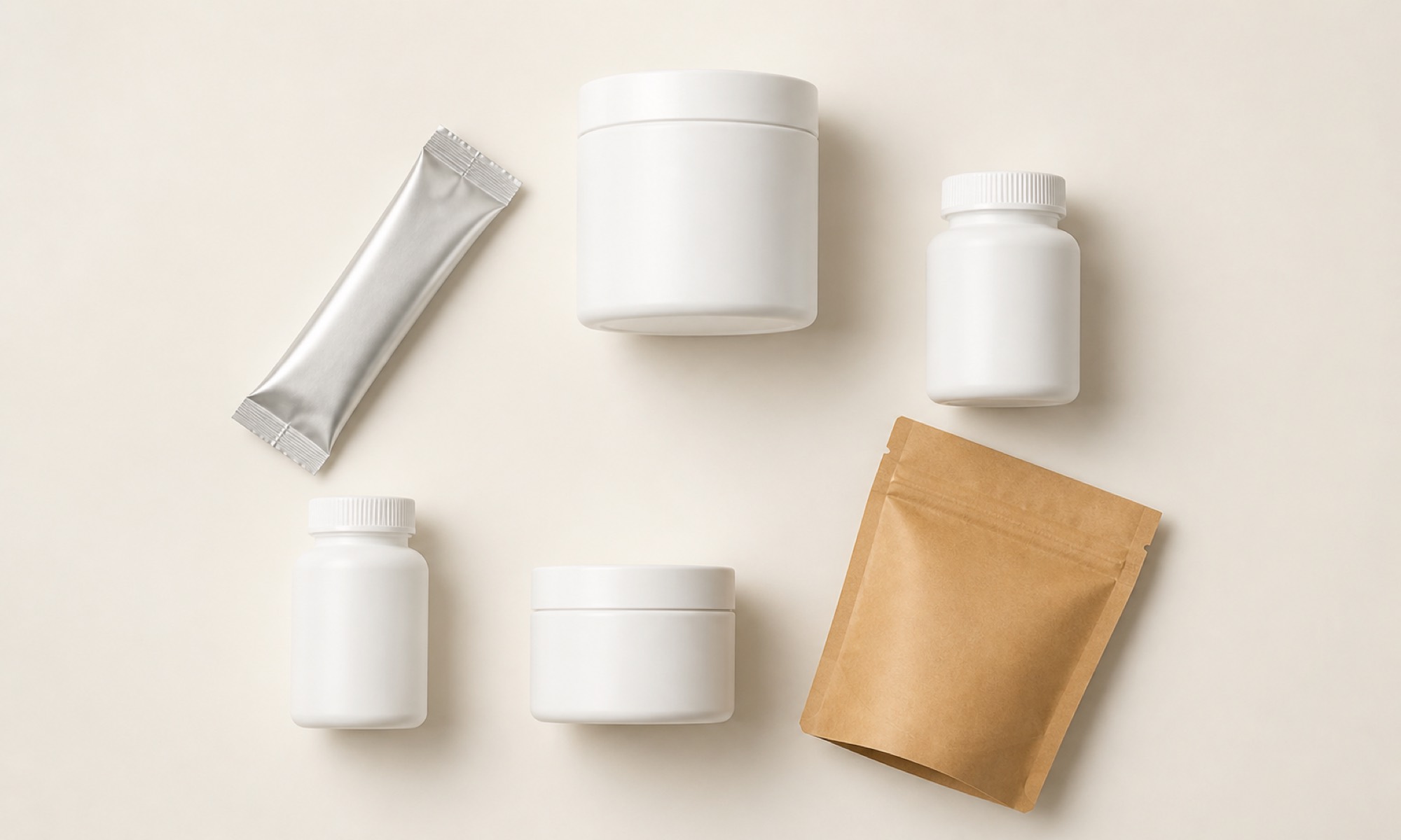 Unlabeled stick pack, powder tub, capsule bottle, tablet bottle, cream jar, and stand-up pouch